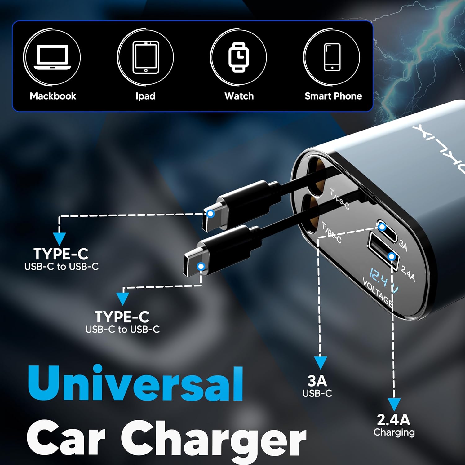 4-in-1 Retractable Car Charger – Dual Type-C